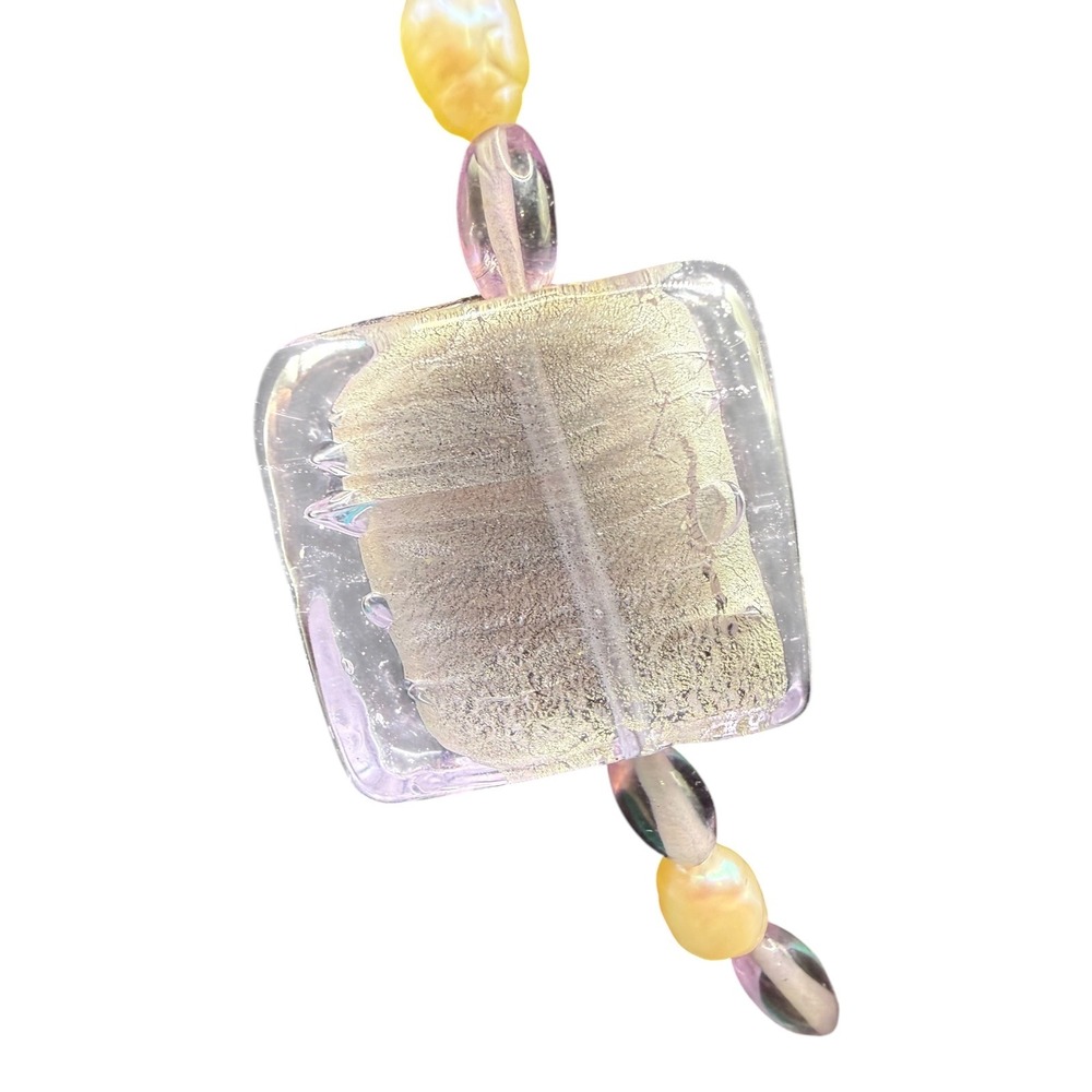 Artisan Venetian Glass Silver Foil Square Bead & Freshwater Pearl Necklace 19" - Picture 2 of 15